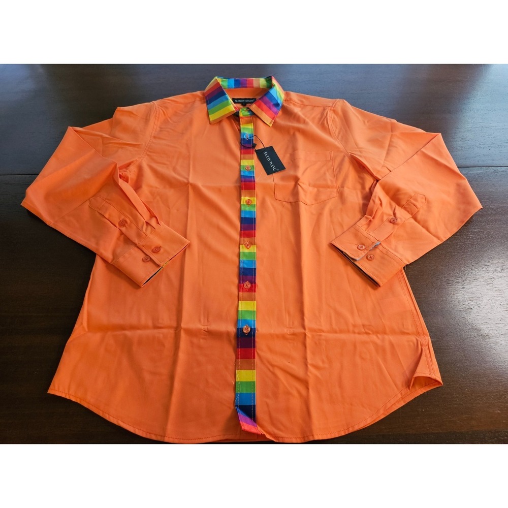 Barry Wang Mens Long Sleeve Shirt Orange w Rainbow Accent Trim Medium New W Tags
